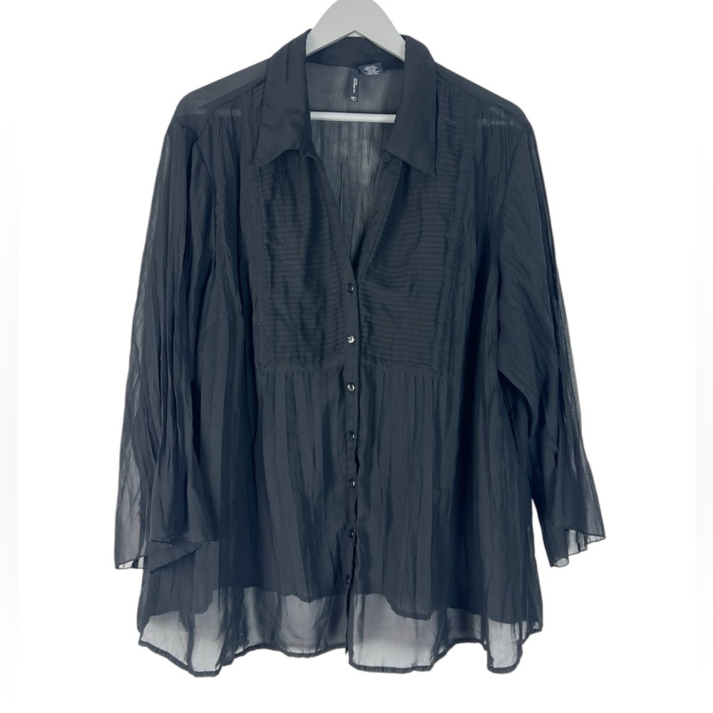 Sheer black blouse size 3X whimsigoth New Directions bell sleeve office witchy